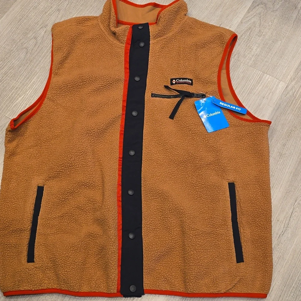 COLUMBIA Fleece VEST TAN RED BLACK Snap Front XL Mens Helvetia II NEW $75 ZIP - Picture 6 of 7